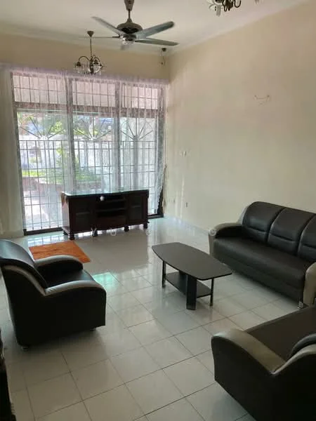 Living features: 3-seater leather sofa in black, 2-seater leather sofa in black, coffee table with black legs, TV console in dark wood, floor-to-ceiling windows, sheer curtains, ceiling fan with light, white painted walls, tile flooring in white, decorative chandelier; style: modern; view: garden.