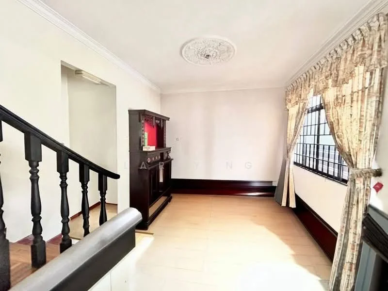 Room features: white painted walls, wood flooring, crown moulding, decorative ceiling rose, large windows with grid pattern, curtains with floral pattern, dark wood console cabinet, light-colored tiled flooring, staircase with wooden railing; style: traditional.