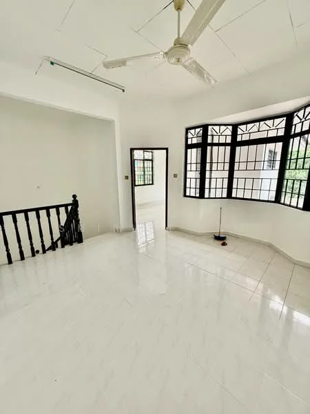 Living features: white painted walls, glossy white tile flooring, ceiling fan, large bay windows with black grille, staircase with black railing, natural light from windows, open layout, neutral color scheme; style: modern; view: garden.