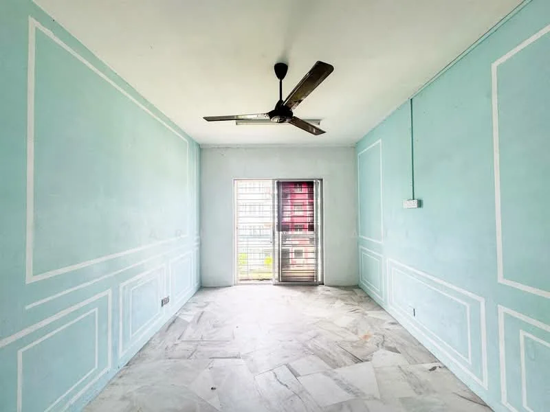 Living features: light blue painted walls, white trim detailing, marble flooring, ceiling fan, sliding glass door, window with sheer curtains; style: minimalist; view: garden.