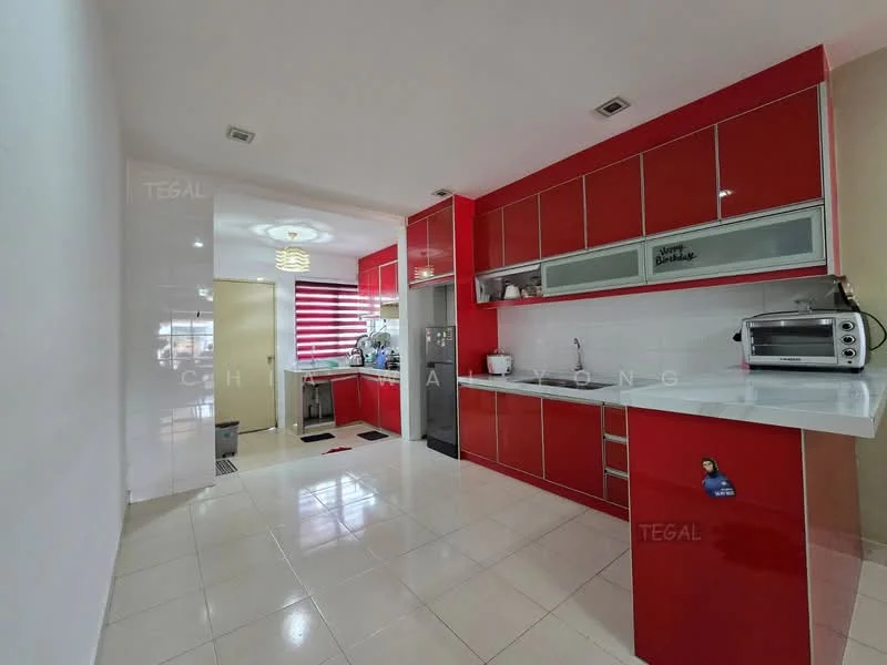 Kitchen features: red high-gloss cabinetry, white countertop, stainless-steel sink, chrome pull-down faucet, built-in microwave, freestanding range oven, stainless-steel range hood, ceramic tile flooring, recessed downlights, window with blinds, open shelving, kitchen island, wall-mounted cabinets, tile backsplash; style: modern.