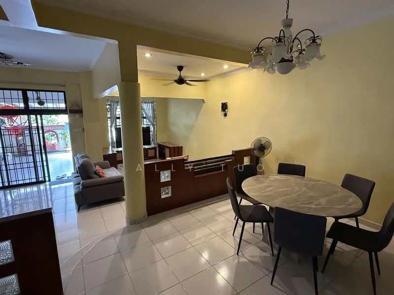 Dining features: round marble dining table, upholstered dining chairs, ceiling fan, wall-mounted TV, light fixture with multiple bulbs, yellow painted walls, white tiled flooring, open layout to living area; style: modern. Living features: 3-seater fabric sofa in grey, coffee table, floor-to-ceiling windows, sliding glass door, light curtains, white tiled flooring, ceiling fan, wall-mounted TV; style: modern; view: garden.