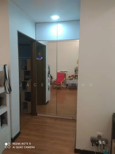 Room features: wooden flooring, mirrored sliding wardrobe, white walls, recessed ceiling lights, open shelving unit, decorative chair, floor lamp; style: modern.