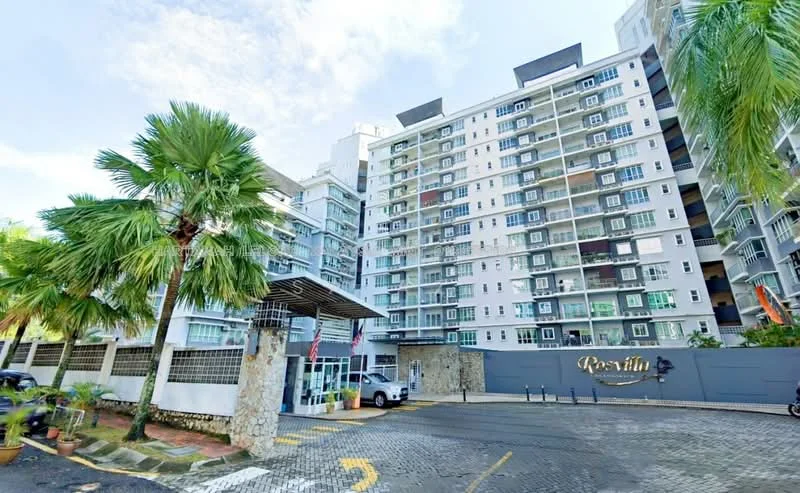Exterior type: mid-rise condominium; features: glass curtain wall, white painted facade, recessed balconies, manicured lawn, palm trees, stone-paved walkway, guard house at entrance, covered parking, double-volume main lobby, feature water wall; style: modern.