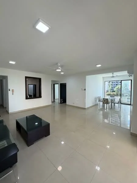 Living features: white painted walls, glossy tile flooring, recessed LED downlights, 5-blade ceiling fan, large glass sliding door, floor-to-ceiling windows, black coffee table, dining table with chairs, mirror on wall, open layout, natural light, view of city skyline; style: modern; view: city.