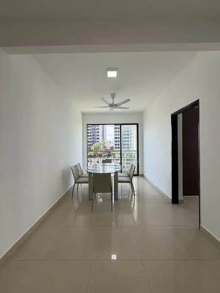 Dining features: white painted walls, glossy tile flooring, 5-blade ceiling fan with light, dining table with four chairs, large window with city view, natural light from window; style: modern; view: city.