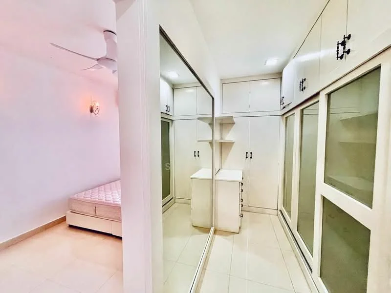 Bedroom features: queen-size bed, built-in wardrobe with sliding mirror doors, white cabinetry, shelves, cream tiled flooring, ceiling fan, wall-mounted sconce lighting, white painted walls; style: modern.