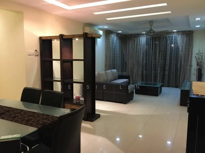 Living features: cream painted walls, glossy tile flooring, 5-blade ceiling fan with light, sofa in grey fabric, coffee table, TV console, wall-mounted TV, decorative wall shelving, floor-to-ceiling curtains, dining table with black chairs; style: modern.