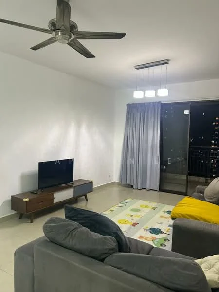 Living features: 3-seater fabric sofa in grey, 2-seater fabric sofa in yellow, coffee table, wall-mounted TV, TV console, area rug with colorful pattern, floor-to-ceiling windows, sliding glass door, sheer curtains, 5-blade ceiling fan with light, recessed LED downlights, cream painted walls, tile flooring; style: modern; view: city.
