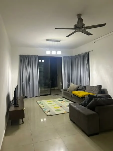 Living features: white painted walls, glossy tile flooring, 5-blade ceiling fan with light, sofa in grey, 3-seater fabric sofa, yellow throw pillow, coffee table, TV console, wall-mounted TV, curtains in grey, area rug with colorful pattern, sliding glass door, floor-to-ceiling windows; style: modern.