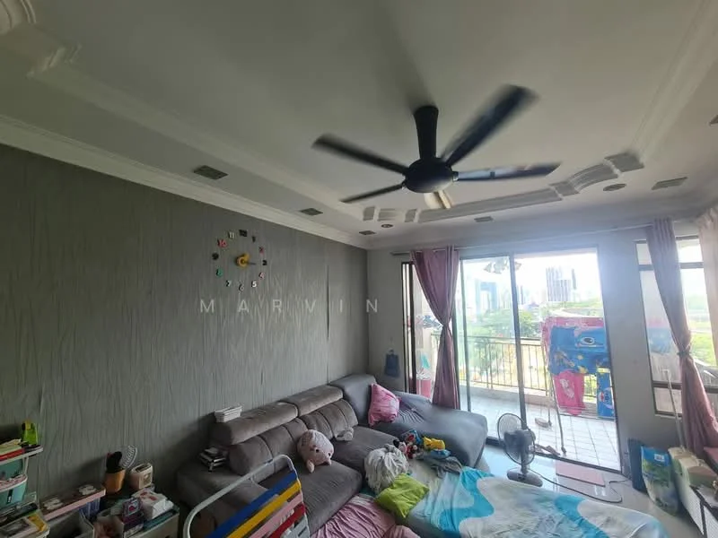 Living features: grey textured wallpaper, white painted ceiling with crown moulding, 5-blade ceiling fan, large sliding glass door, floor-to-ceiling windows, balcony view of city skyline, L-shape sectional sofa in grey, coffee table, area rug, decorative wall clock, curtains, children's toys, decorative pillows; style: modern; view: city.
