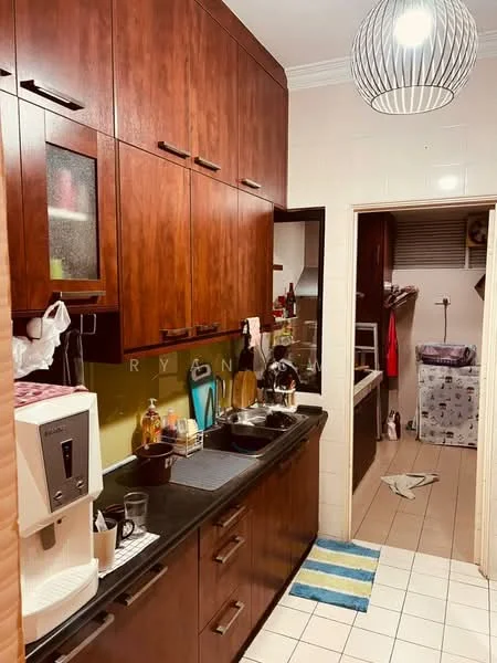Kitchen features: dark wood cabinetry, black countertop, single-bowl stainless-steel sink, chrome pull-down faucet, built-in water dispenser, tile backsplash, white tiled flooring, recessed lighting, pendant light fixture, kitchen towels, kitchen utensils, open shelving, appliance garage, laundry area visible, textured wall; style: modern.