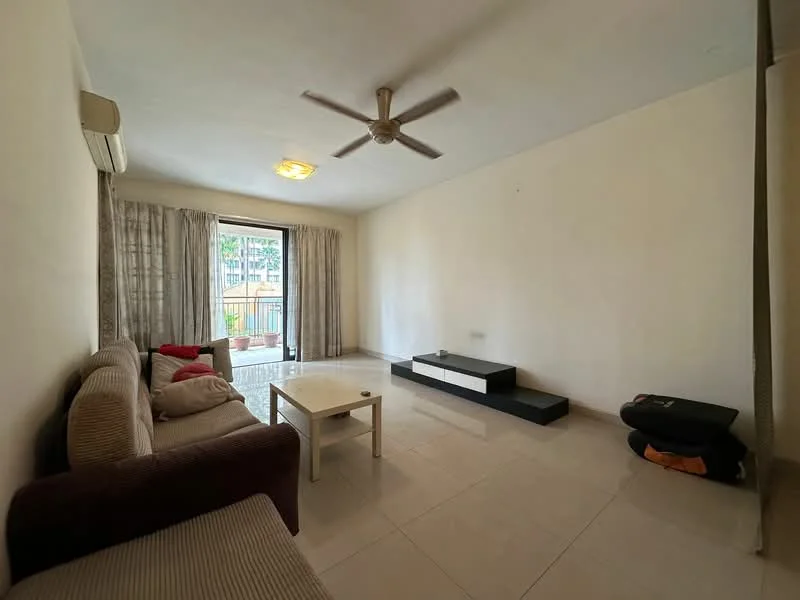 Living features: cream painted walls, white ceiling, 5-blade ceiling fan with light, floor-to-ceiling windows, sliding glass door, sheer curtains, light-colored tiled flooring, sofa in beige fabric, coffee table, black TV console, decorative cushions, area rug; style: modern; view: garden.