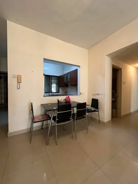 Dining features: dining table for four, black plastic dining chairs, cream painted walls, tile flooring, window with sheer curtains, open kitchen pass-through, light fixture on ceiling, wall-mounted intercom; style: modern. Room features: cream painted walls, tile flooring, doorway leading to another room.