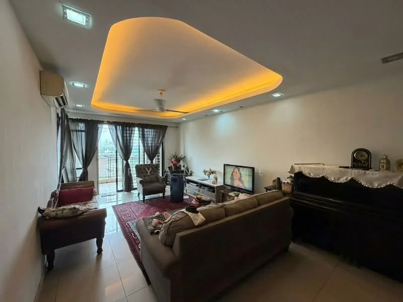 Living features: cream painted walls, recessed ceiling with LED strip lighting, 5-blade ceiling fan with light, floor-to-ceiling windows with sheer curtains, sliding glass door leading to balcony, 2-seater fabric sofa in beige, 3-seater fabric sofa in grey, coffee table, area rug with geometric pattern, TV console, wall-mounted TV, decorative mirror, potted plants, decorative items on shelves; style: modern; view: city.