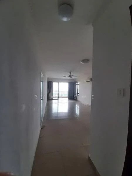 Room features: white painted walls, tile flooring, 5-blade ceiling fan, recessed downlights, floor-to-ceiling windows, sliding glass door, curtains, air conditioning unit; style: modern; view: city.