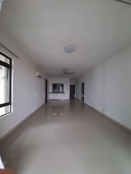 Living features: white painted walls, polished ceramic tile flooring, ceiling fan, 1 wall-mounted split AC, large windows, neutral color scheme, recessed ceiling light, open layout; style: modern.
