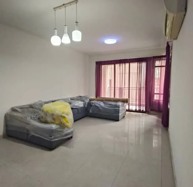 Living features: grey L-shape sectional sofa wrapped in plastic, cream walls, white ceiling, 3 pendant lights, floor-to-ceiling windows, purple curtains, tile flooring, air conditioning unit on wall; style: modern.