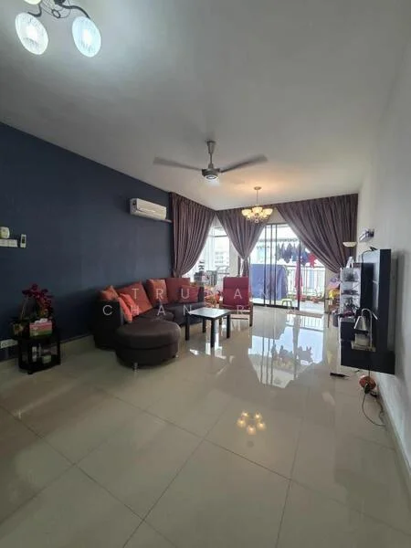 Living features: grey accent wall, white painted walls, polished ceramic tile flooring, 5-blade ceiling fan with light, sofa in grey fabric, coffee table, wall-mounted TV, floor-to-ceiling windows, curtains in dark grey, decorative plants, air conditioning unit; style: modern; view: city.