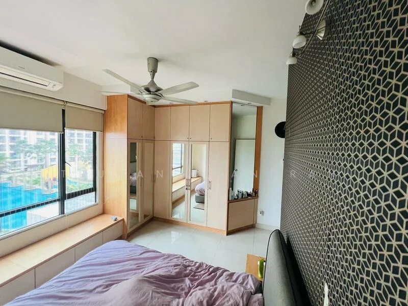 Bedroom features: king-size bed with grey bedding, upholstered headboard, built-in wardrobe with mirrored doors, ceiling fan with light, floor-to-ceiling window, white painted walls, grey accent wall with geometric pattern, tile flooring, window treatments, nightstand, decorative items on nightstand; style: modern; view: pool.