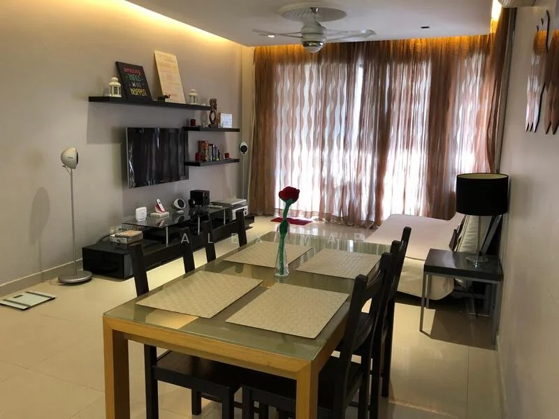 Dining features: 6-seater dining table with wooden top, black dining chairs, pendant lamp, wall-mounted TV, TV console, decorative wall art, floor-to-ceiling windows with sheer curtains, cream painted walls, light-colored tiled flooring, ceiling fan with light; style: modern. Living features: sofa in light color, coffee table, decorative vase with flower, area rug, wall-mounted shelves, decorative items on shelves; style: modern.