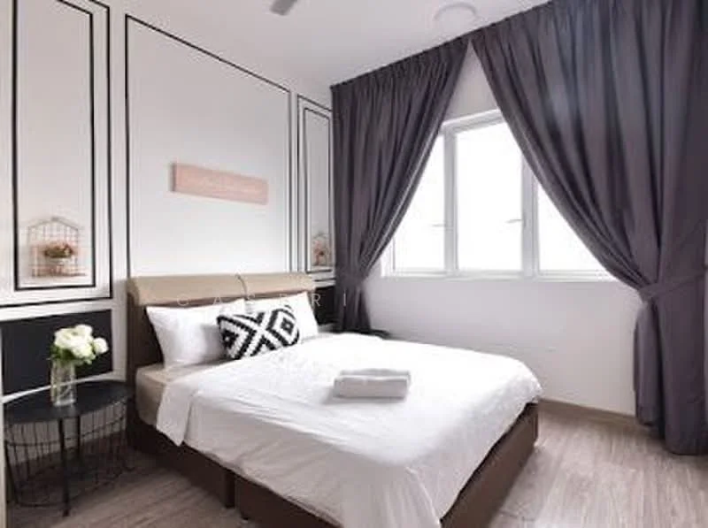 Bedroom features: queen-size bed with beige upholstered headboard, white bedding, black and white decorative pillow, side table with black finish, floor-to-ceiling window, grey curtains, wooden flooring, decorative wall paneling, ceiling fan; style: modern.