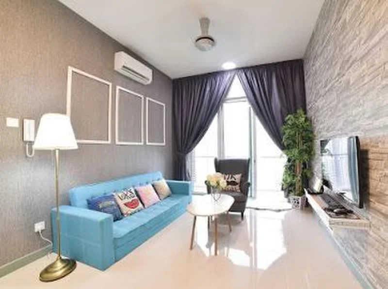 Living features: blue fabric sofa, 3-seater sofa, decorative cushions, floor lamp, coffee table, wall-mounted TV, TV console, sliding glass door, floor-to-ceiling curtains, exposed stone accent wall, white painted walls, ceiling fan with light, potted plant; style: modern; view: city.
