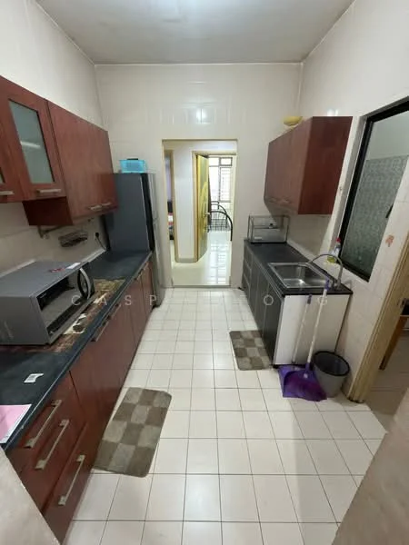 Kitchen features: brown wooden cabinetry, black countertop, stainless-steel fridge, microwave, double-bowl stainless-steel sink, chrome pull-down faucet, ceramic tile flooring, white tiled walls, window with sheer curtains, area rug, kitchen entrance leading to hallway; style: modern.
