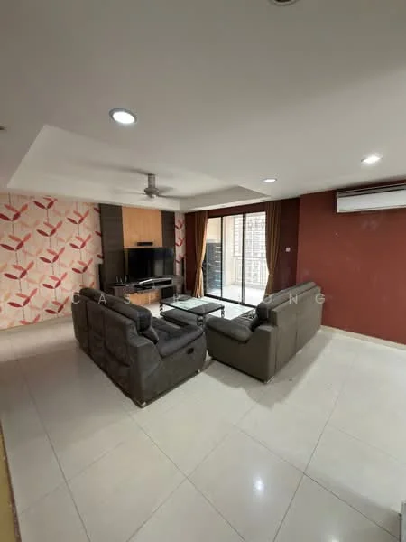 Living features: L-shape sectional sofa in grey, 3-seater fabric sofa in grey, coffee table, wall-mounted TV, TV console, area rug, ceiling fan, recessed downlights, feature wall with red and cream geometric pattern, cream painted walls, sliding glass door, floor-to-ceiling windows, curtains; style: modern; view: garden.