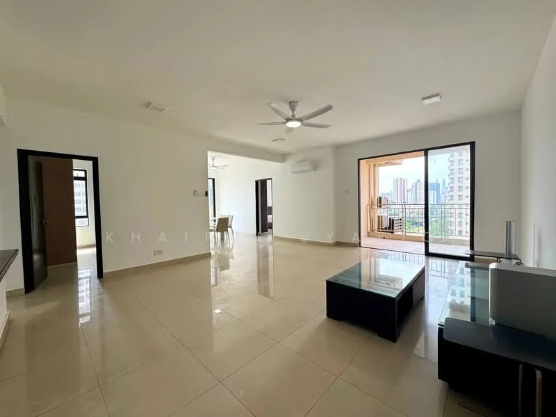 Living features: cream painted walls, glossy tile flooring, 5-blade ceiling fan with light, floor-to-ceiling windows, sliding glass door, balcony access, neutral color scheme, recessed downlights, coffee table, TV console; style: modern; view: city. Room features: cream painted walls, glossy tile flooring, door leading to another room.