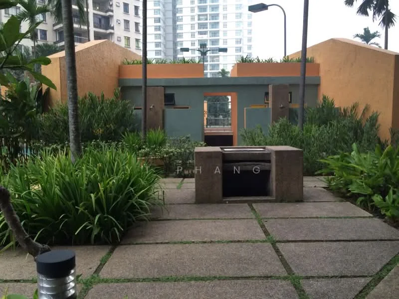 Exterior type: landscape garden; features: manicured lawn, tropical landscaping, stone-paved walkway, outdoor BBQ pit, surrounded by greenery, modern garden design; style: modern.