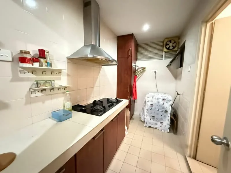 Kitchen features: white tiled walls, cream countertop, dark wood cabinetry, stainless-steel range hood, 2-burner gas hob, built-in wall cabinet, ventilation fan, tile flooring, kitchen sink, hanging storage rack; style: modern.