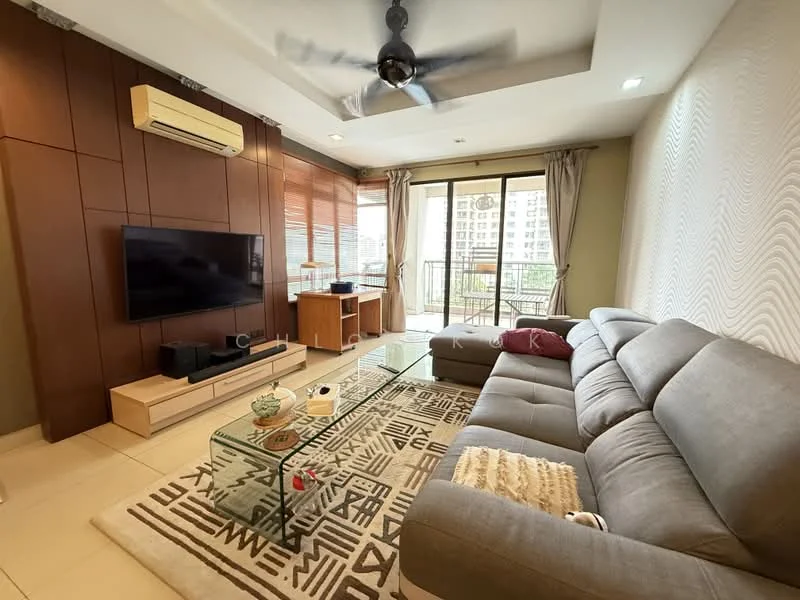 Living features: 3-seater fabric sofa in grey, coffee table with glass top, area rug with geometric pattern, wall-mounted TV, wooden TV console, ceiling fan with light, recessed downlights, large windows with sheer curtains, balcony access, wood panel accent wall, cream painted walls, tile flooring; style: modern; view: city.