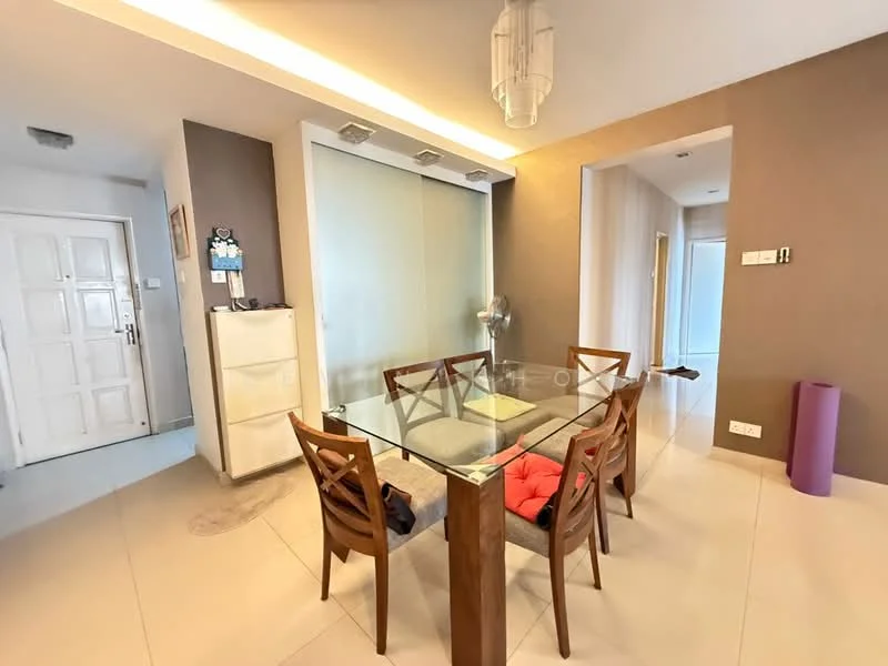 Dining features: glass dining table, 4 wooden dining chairs, decorative cushion on chair, white walls, grey accent wall, recessed ceiling lights, floor-to-ceiling glass partition, tile flooring, wall-mounted fan; style: modern. Room features: main entrance door, white cabinet, neutral wall color, open space, natural light.