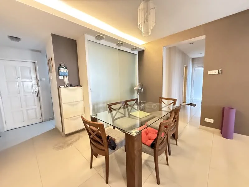 Dining features: glass dining table, 4 wooden dining chairs, grey wall, cream tiled flooring, recessed ceiling lights, decorative wall panel, floor-to-ceiling glass partition, wall-mounted fan; style: modern. Room features: white painted walls, doorway to entrance, light-colored flooring.