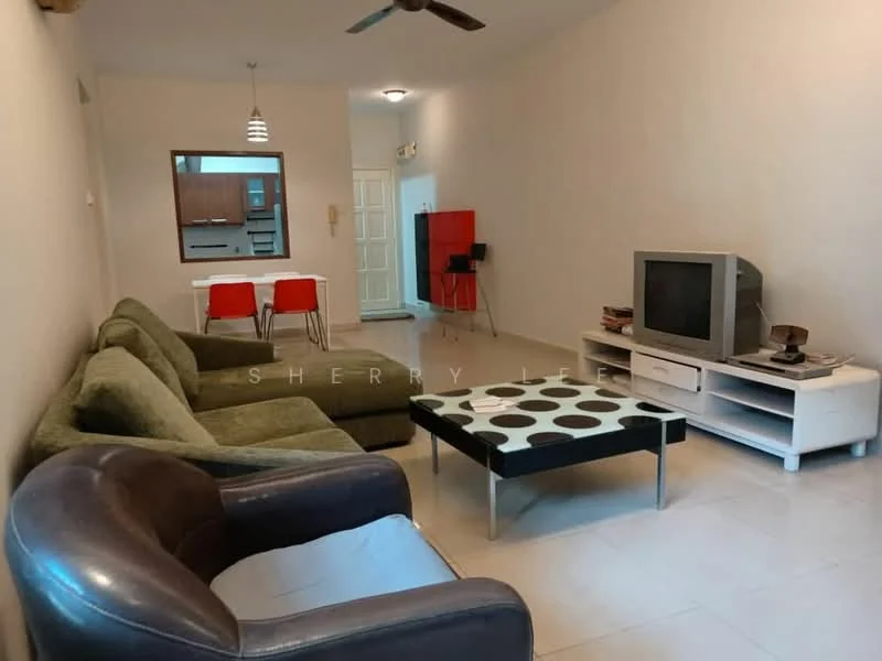 Living features: 3-seater fabric sofa in green, 2-seater leather sofa in dark brown, glass coffee table with black polka dots, TV console in white, CRT television, ceiling fan, wall-mounted light fixture, tile flooring, neutral painted walls; style: modern. Dining features: 4-seater dining table, red dining chairs, neutral painted walls, tile flooring; style: modern.