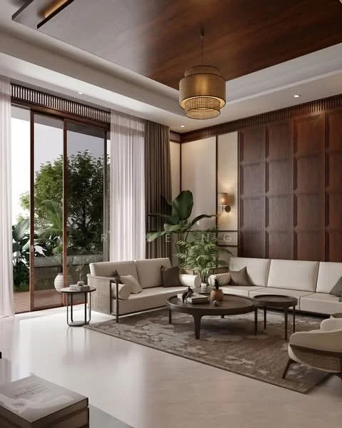 Living features: cream fabric sofa, round coffee table, area rug with geometric pattern, wood panel accent wall, recessed downlights, pendant light fixture, floor-to-ceiling windows, sheer curtains, wooden ceiling with decorative beams, indoor plants, wooden side table; style: modern; view: garden.