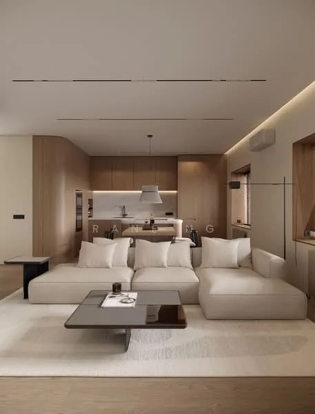 Living features: L-shape sectional sofa in beige, coffee table with dark wood finish, area rug in light color, recessed LED downlights, pendant light above kitchen island, wood cabinetry, open kitchen layout, kitchen island with seating, floor-to-ceiling windows, neutral wall color, wooden flooring; style: modern.