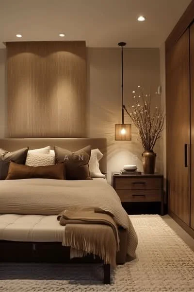 Bedroom features: king-size bed with upholstered headboard, decorative throw pillows in neutral tones, bedside table with drawer, pendant light fixture, decorative vase with branches, textured wall panel behind bed, area rug with geometric pattern, soft throw blanket, recessed ceiling lights, wooden wardrobe with sliding doors; style: modern.