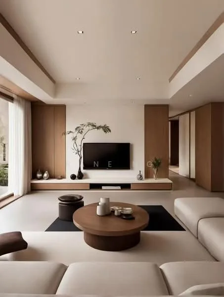 Living features: light beige walls, recessed downlights, large floor-to-ceiling windows, wooden feature wall, minimalist TV console, round wooden coffee table, white fabric sofa, black area rug, decorative indoor plant, ceramic vases, neutral color palette, open layout, natural light; style: minimalist; view: garden.