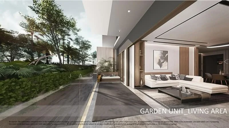 Living features: large sectional sofa in white, coffee table with dark wood finish, area rug with geometric pattern, floor-to-ceiling windows, sliding glass door, wood paneling on walls, recessed downlights, decorative artwork on wall, indoor plants, open layout to outdoor garden area; style: modern; view: garden.