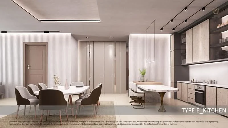 Kitchen features: white painted walls with vertical paneling, light-colored cabinetry, marble countertop, stainless-steel sink, chrome pull-down faucet, built-in oven, freestanding range oven, refrigerator, dining table with upholstered chairs, area rug with geometric pattern, pendant lighting, recessed LED downlights, open shelving; style: modern.
