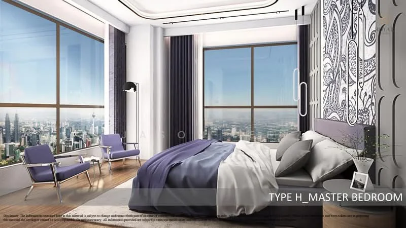 Bedroom features: king-size bed with grey bedding, upholstered headboard, floor-to-ceiling windows, city skyline view, two purple accent chairs, decorative wall art, recessed ceiling lights, curtains with sheer and blackout options, wooden flooring, nightstand with lamp; style: modern; view: city.