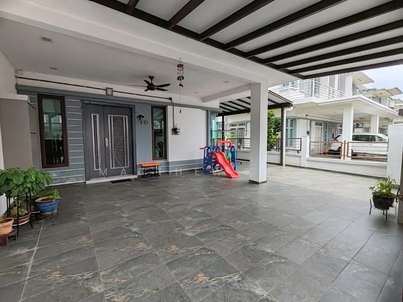 Room features: grey tiled flooring, white painted walls, exposed wooden beams on ceiling, ceiling fan, sliding glass door, large windows, outdoor playset, potted plants, open layout, covered patio area; style: modern; view: garden.