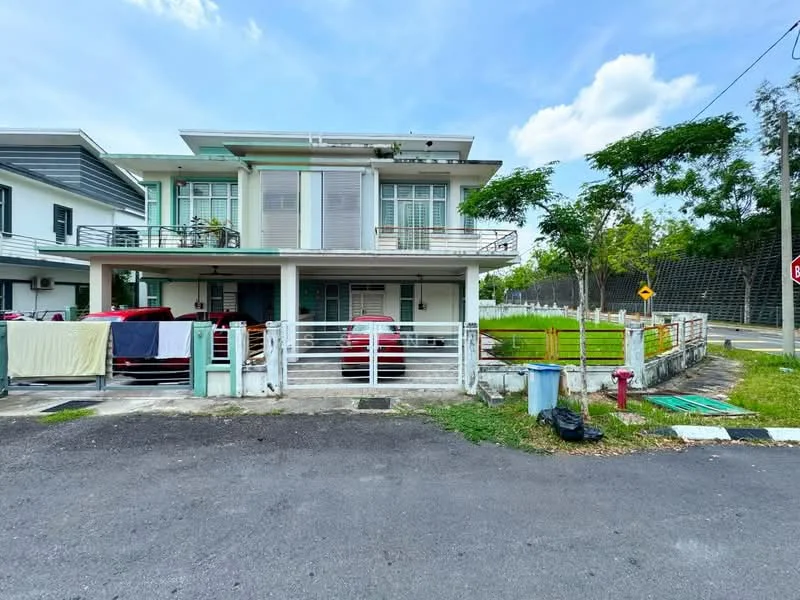 Exterior type: semi-detached house; features: two-storey structure, white painted facade, balconies on upper level, large windows, manicured lawn, fenced yard, paved driveway, street view, surrounded by greenery, visible parking area; style: modern.