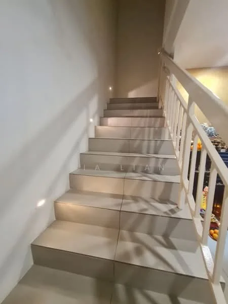 Room features: staircase with steps, white painted walls, recessed lighting on stairs, neutral flooring, handrail on one side; style: modern.