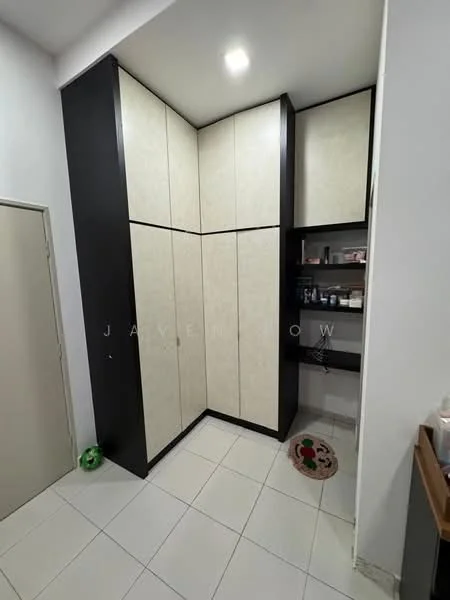 Room features: built-in cabinets with light-colored doors, dark cabinetry, shelves with various items, white tiled flooring, recessed ceiling lights, corner storage unit, neutral wall color, door leading to another room; style: modern.