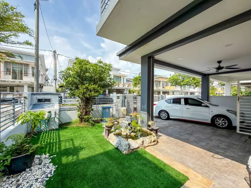Exterior type: linked terrace house; features: manicured lawn, decorative stone garden, small water feature, paved driveway, car porch with ceiling fan, fence with gate, landscaped garden area, outdoor lighting, utility area with water connections; style: modern.