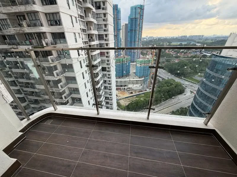 Balcony features: glass railing, tiled flooring in dark brown, city skyline view, overlooking construction site, overlooking road, outdoor space; style: modern; view: city.