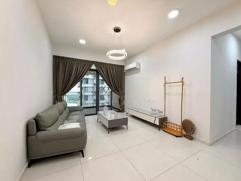 Living features: grey fabric sofa, coffee table with white top, white tiled flooring, floor-to-ceiling windows, curtains in dark brown, wall-mounted air conditioning unit, decorative wall art, light fixture with circular design, open layout; style: modern; view: city.